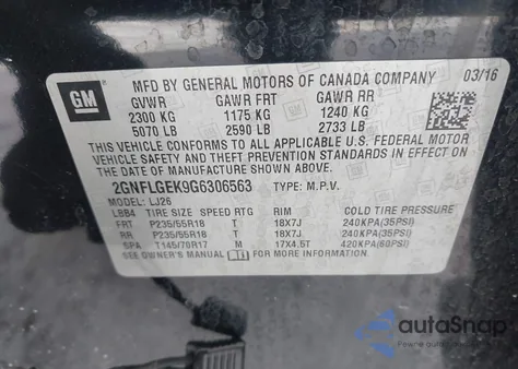 2016 Chevrolet Equinox Ltz z USA, uszkodzony, nr VIN 2GNFLGEK9G6306563